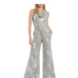 💖Vince Camuto Sleeveless Drape Neck Wide Leg Metallic Knit Jumpsuit Size 8💖